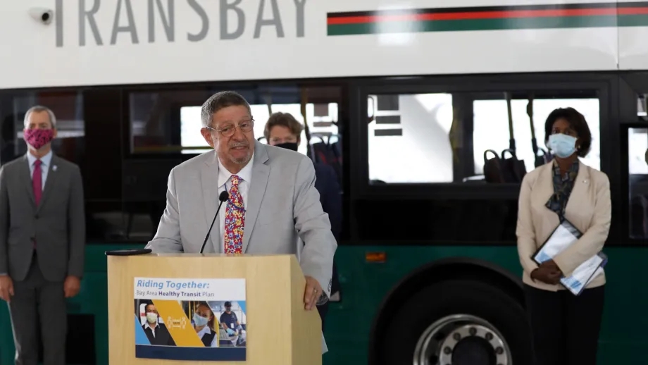 MTC Commissioner Jim Spering at a press conference inside the Salesforce Transit Center