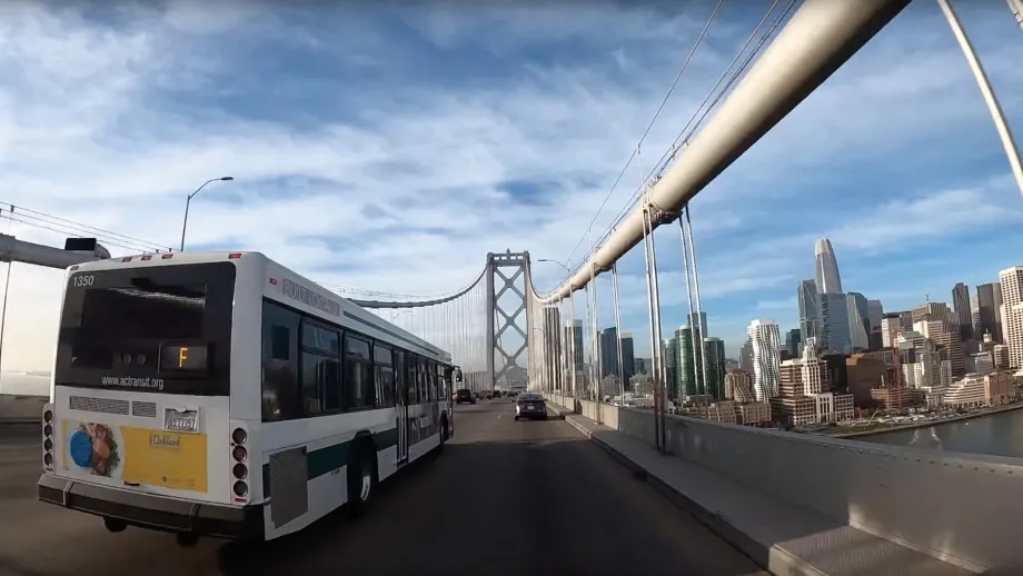 An AC Transit bus on the San Francisco-Oakland Bay Bridge.